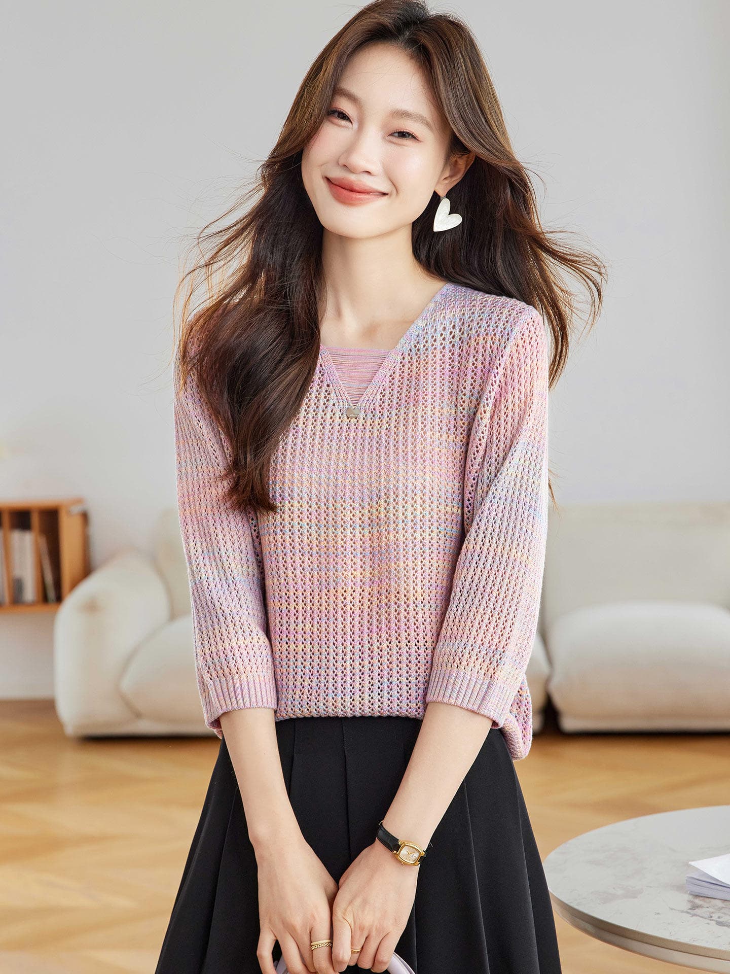 이른 봄 7부 소매 니트 스웨터 여성 2026 새로운 디자인 센스 스트라이프 그라데이션 루즈핏 캐주얼 맨위 패션 출퇴근 상세 이미지 6