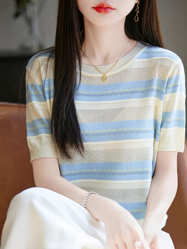 대나무 마디 마 반팔 여성 라운드 넥 스트라이프 패치워크 색상 26 여름 얇은 스타일 반소매 루즈핏 슬림해 보이는 품격 니트 티셔츠