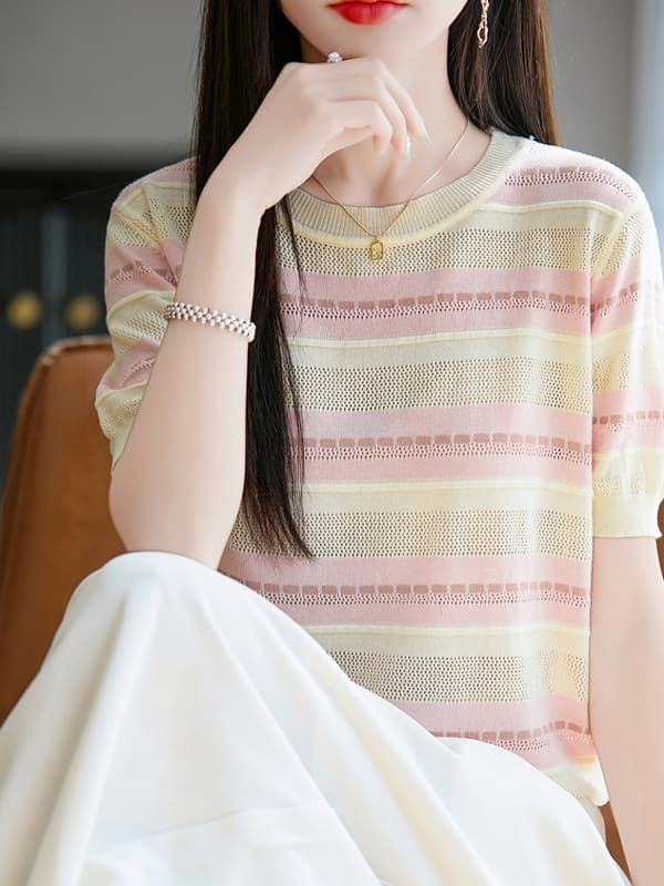 대나무 마디 마 반팔 여성 라운드 넥 스트라이프 패치워크 색상 26 여름 얇은 스타일 반소매 루즈핏 슬림해 보이는 품격 니트 티셔츠 이미지 3
