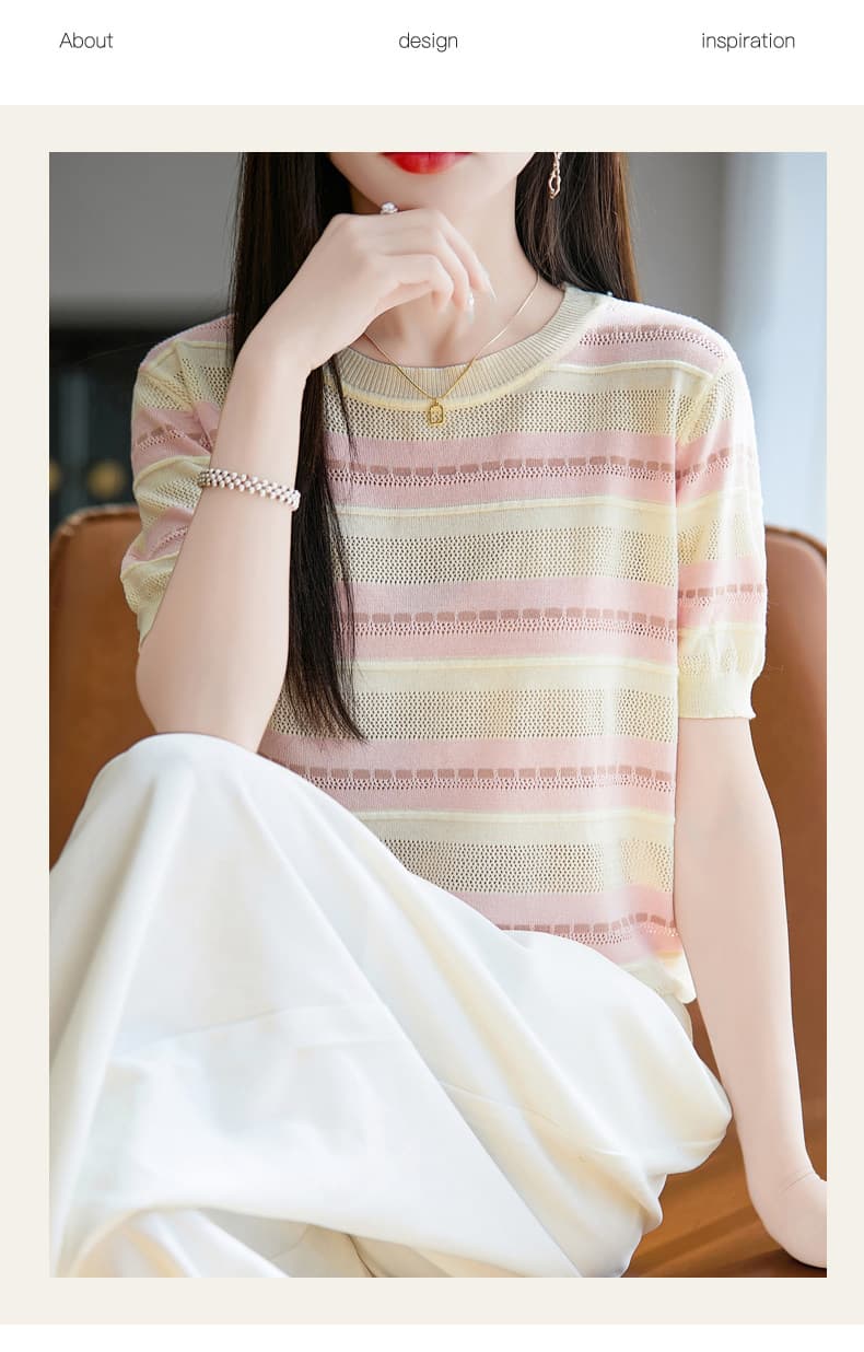대나무 마디 마 반팔 여성 라운드 넥 스트라이프 패치워크 색상 26 여름 얇은 스타일 반소매 루즈핏 슬림해 보이는 품격 니트 티셔츠 상세 이미지 6