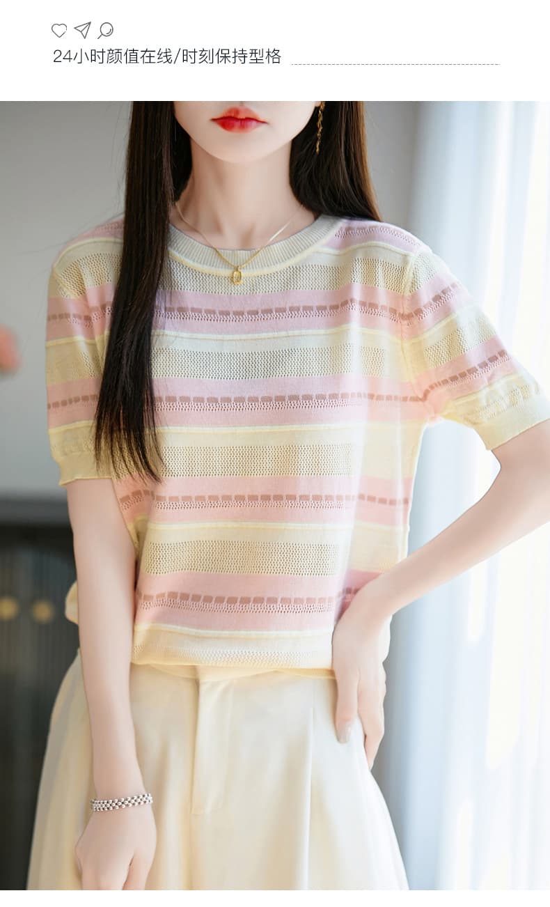 대나무 마디 마 반팔 여성 라운드 넥 스트라이프 패치워크 색상 26 여름 얇은 스타일 반소매 루즈핏 슬림해 보이는 품격 니트 티셔츠 상세 이미지 8
