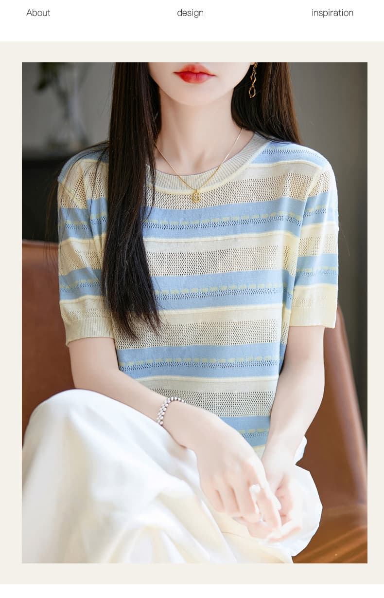 대나무 마디 마 반팔 여성 라운드 넥 스트라이프 패치워크 색상 26 여름 얇은 스타일 반소매 루즈핏 슬림해 보이는 품격 니트 티셔츠 상세 이미지 11