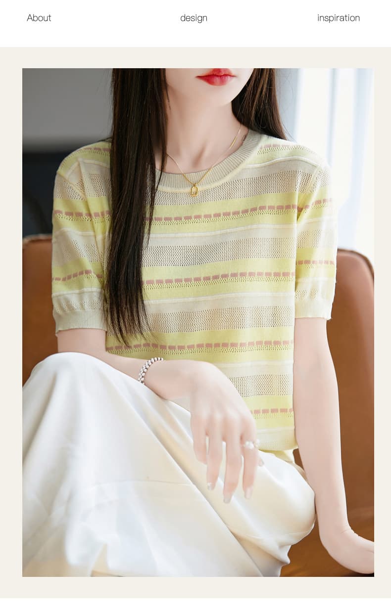 대나무 마디 마 반팔 여성 라운드 넥 스트라이프 패치워크 색상 26 여름 얇은 스타일 반소매 루즈핏 슬림해 보이는 품격 니트 티셔츠 상세 이미지 16