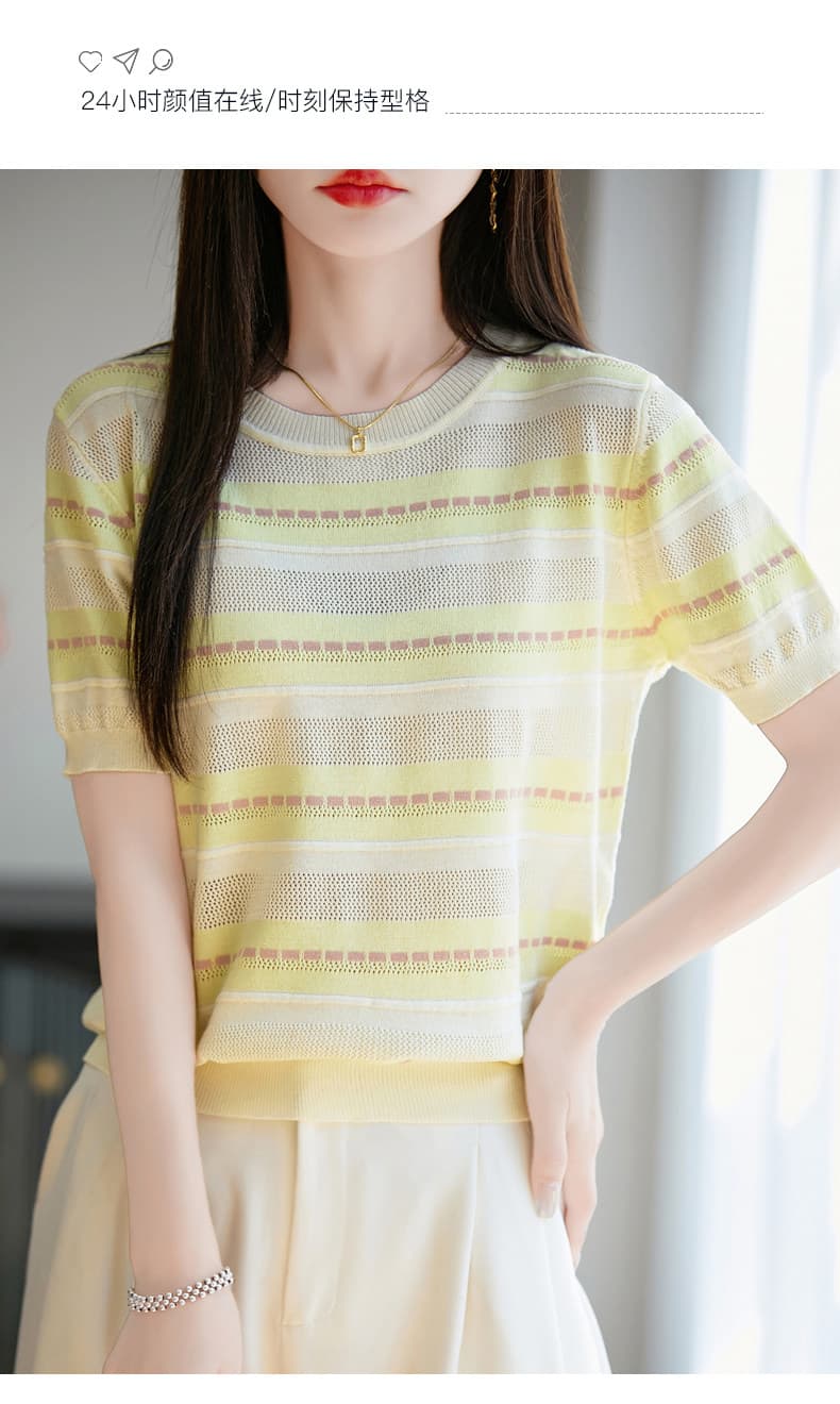 대나무 마디 마 반팔 여성 라운드 넥 스트라이프 패치워크 색상 26 여름 얇은 스타일 반소매 루즈핏 슬림해 보이는 품격 니트 티셔츠 상세 이미지 18