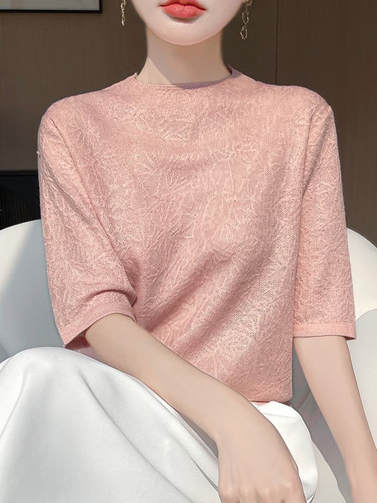2026 여름 루즈핏 슬림해 보이는 자카드 니트 반팔 티셔츠 여성 기본 셔츠 빅 사이즈 여성 의류 얇은 스타일 맨위 이미지 2