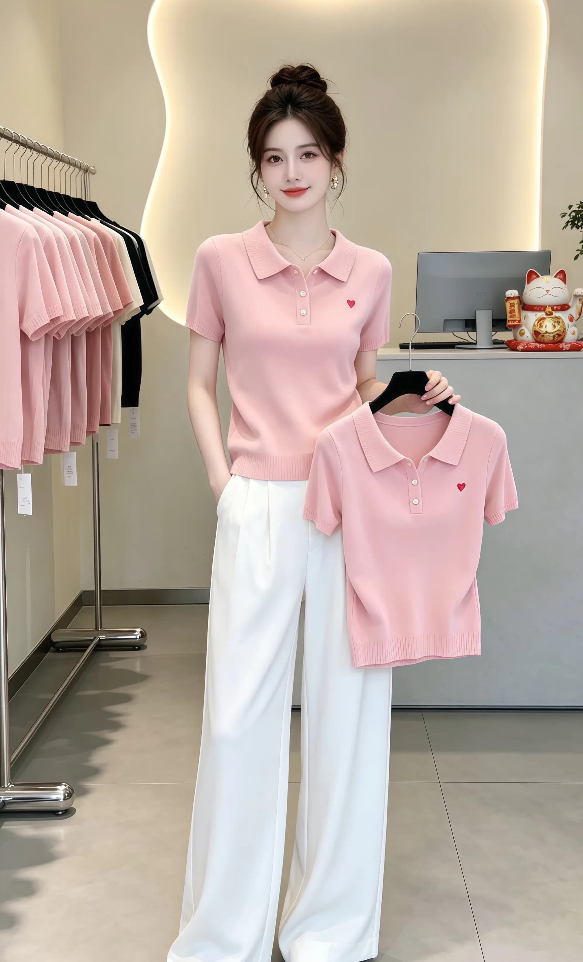 슈퍼 잘 생긴 POLO 칼라 니트 반팔 티셔츠 여성 2026 여름 빅 사이즈 외국 가스 연령 감소 아름다운 작은 맨위 상세 이미지 4