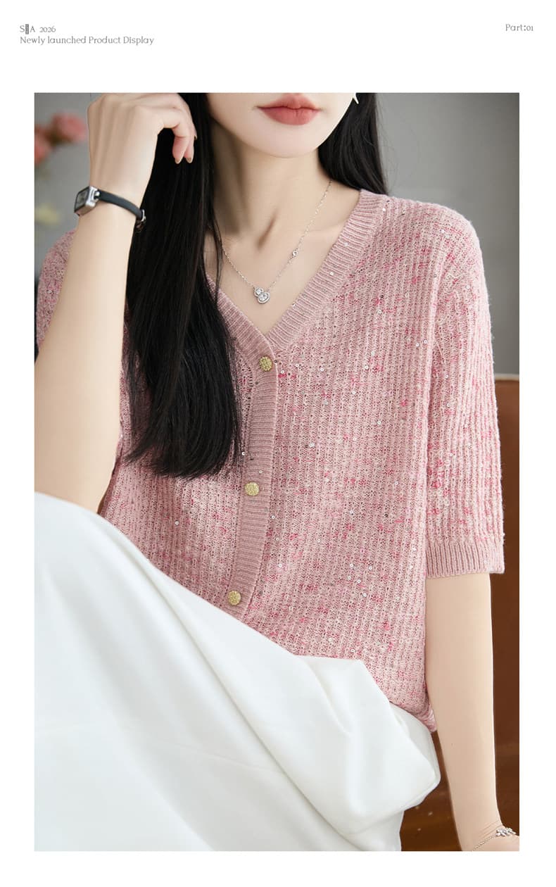 뽕나무 누에 실크 V넥 반팔 티셔츠 여성 루즈핏 슬림해 보이는 티셔츠 여름 새로운 외국 가스 핑크색 맨위 여성 상세 이미지 9