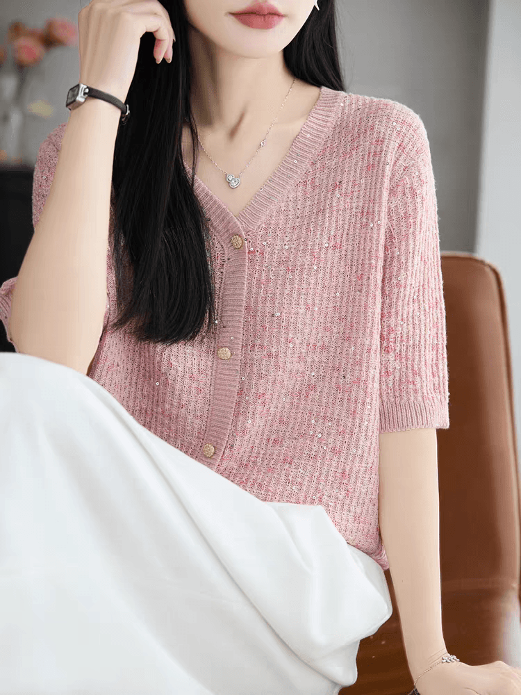 뽕나무 누에 실크 V넥 반팔 티셔츠 여성 루즈핏 슬림해 보이는 티셔츠 여름 새로운 외국 가스 핑크색 맨위 여성 이미지 4