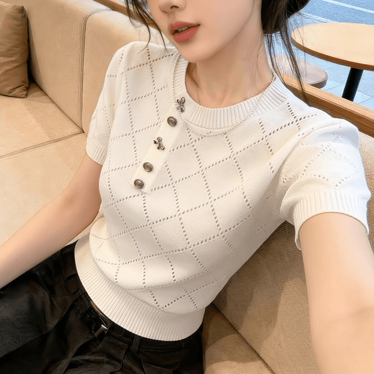 화이트 홀로우 아웃 링 그리드 라운드 넥 니트 스웨터 여성 2026 봄 여름 새로운 루즈핏 연령 감소 긍정적 인 어깨 의류 이미지 2