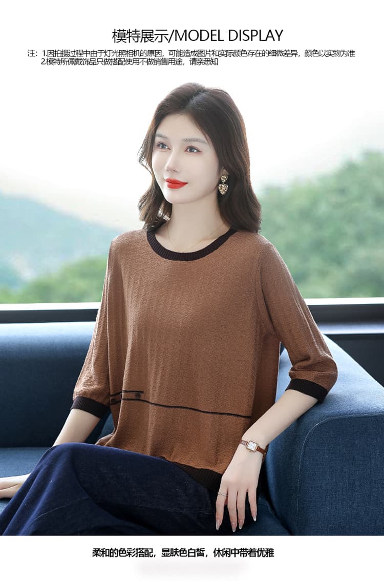 엄마 외국 가스 뽕나무 누에 실크 7부 소매 티셔츠 맨위 봄 여름 새로운 중년 여성 루즈핏 빅 사이즈 니트 작은 셔츠 상세 이미지 4