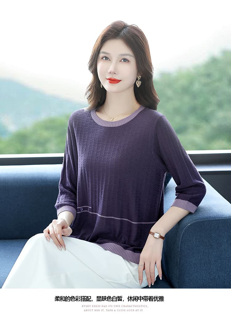 엄마 외국 가스 뽕나무 누에 실크 7부 소매 티셔츠 맨위 봄 여름 새로운 중년 여성 루즈핏 빅 사이즈 니트 작은 셔츠 상세 이미지 7