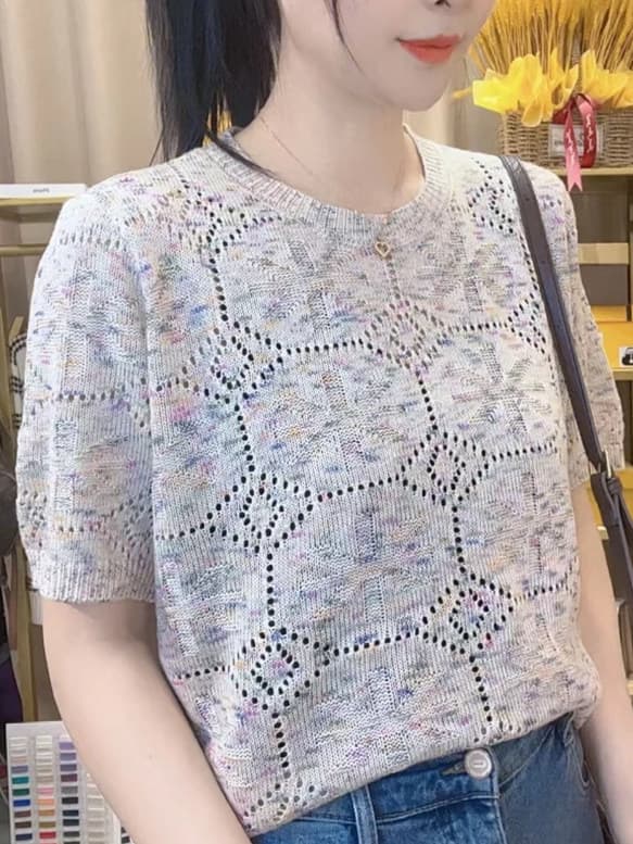 출퇴근 바람 라운드 넥 홀로우 아웃 니트 스웨터 반팔 풀오버 루즈핏 얇은 스타일 통기성 티셔츠 맨위 여성 이미지 3