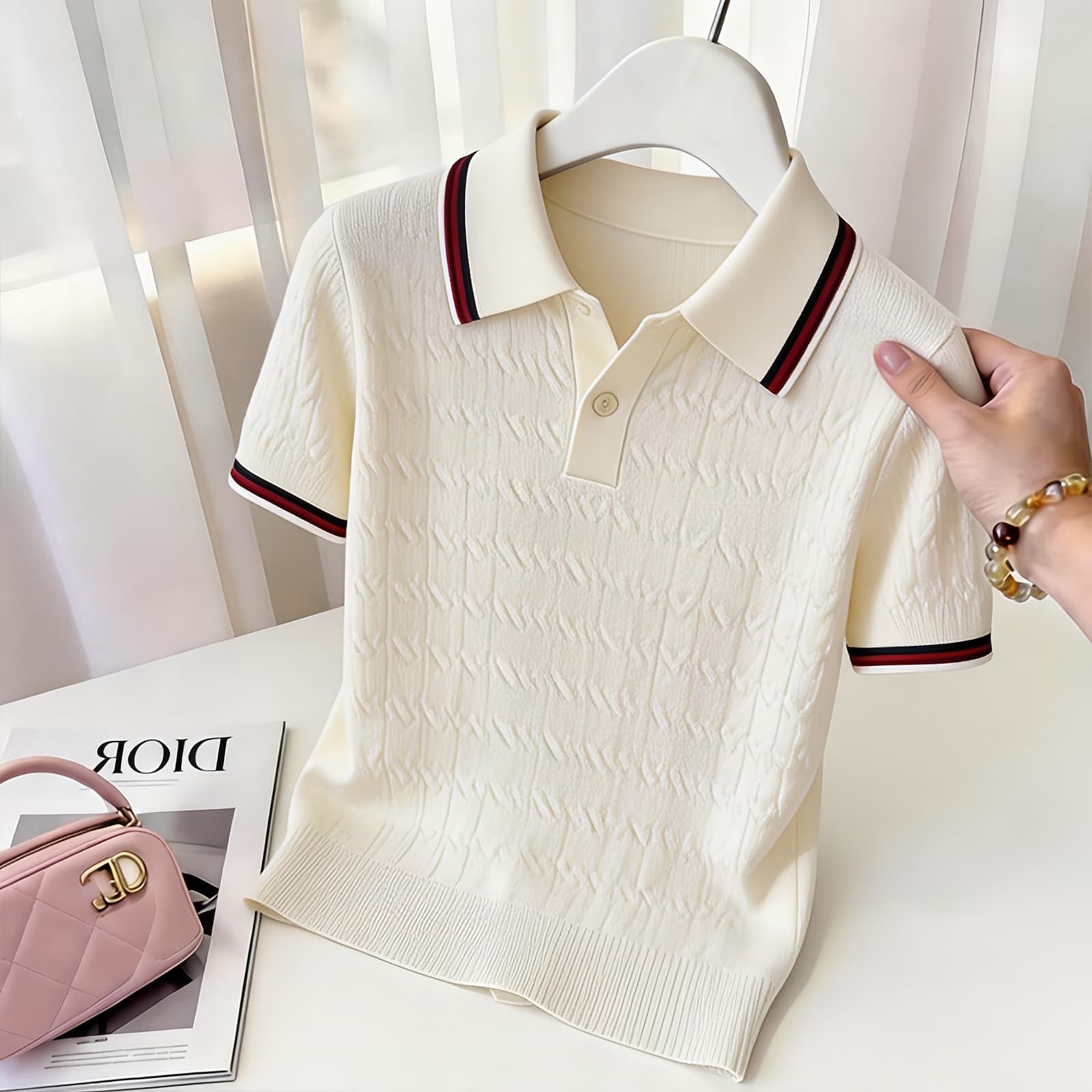 한 부서 작은 대중 연령 감소 배색 POLO 칼라 반팔 니트 스웨터 여성 여름 자수 출퇴근 몸매 가꾸기 연령 감소 짧은 맨위 이미지 2