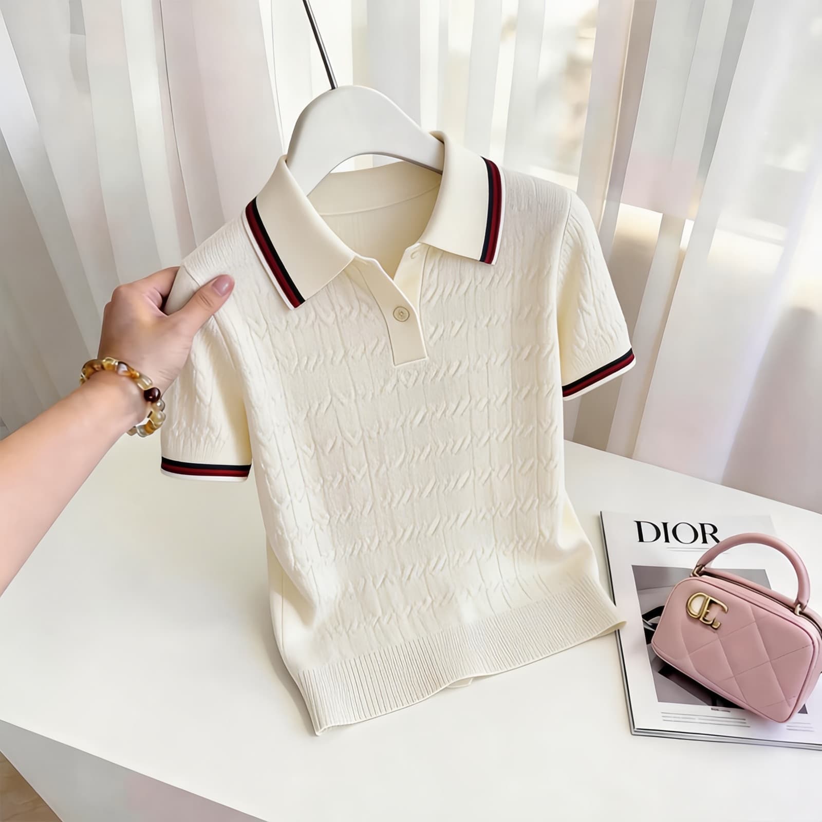 한 부서 작은 대중 연령 감소 배색 POLO 칼라 반팔 니트 스웨터 여성 여름 자수 출퇴근 몸매 가꾸기 연령 감소 짧은 맨위 상세 이미지 3