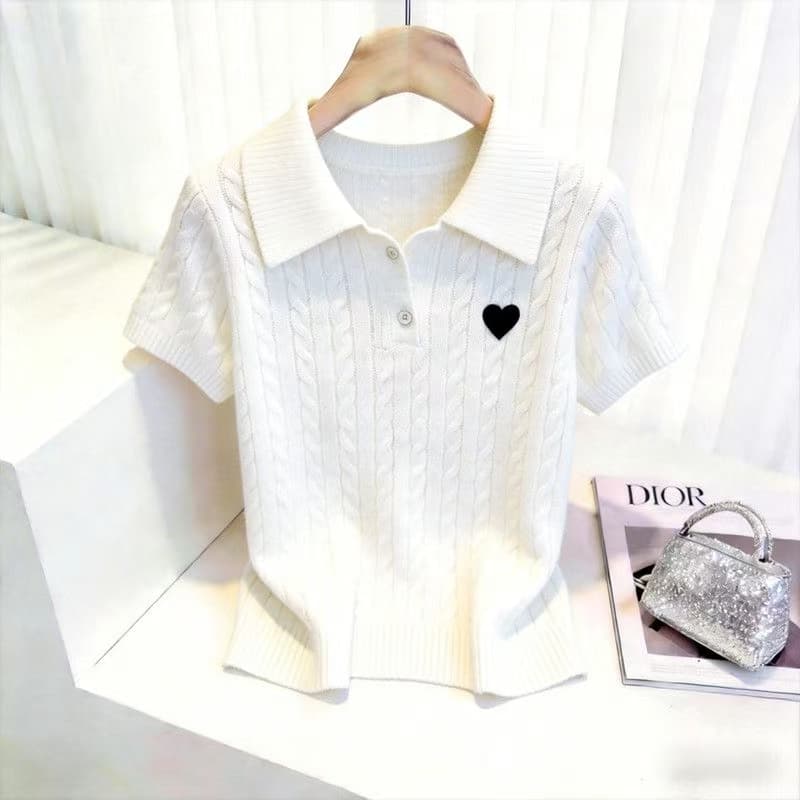 새로운 2026 여름 회색 POLO 칼라 마 무늬 반팔 니트 스웨터 하트 자수 맨위 여성 상세 이미지 2