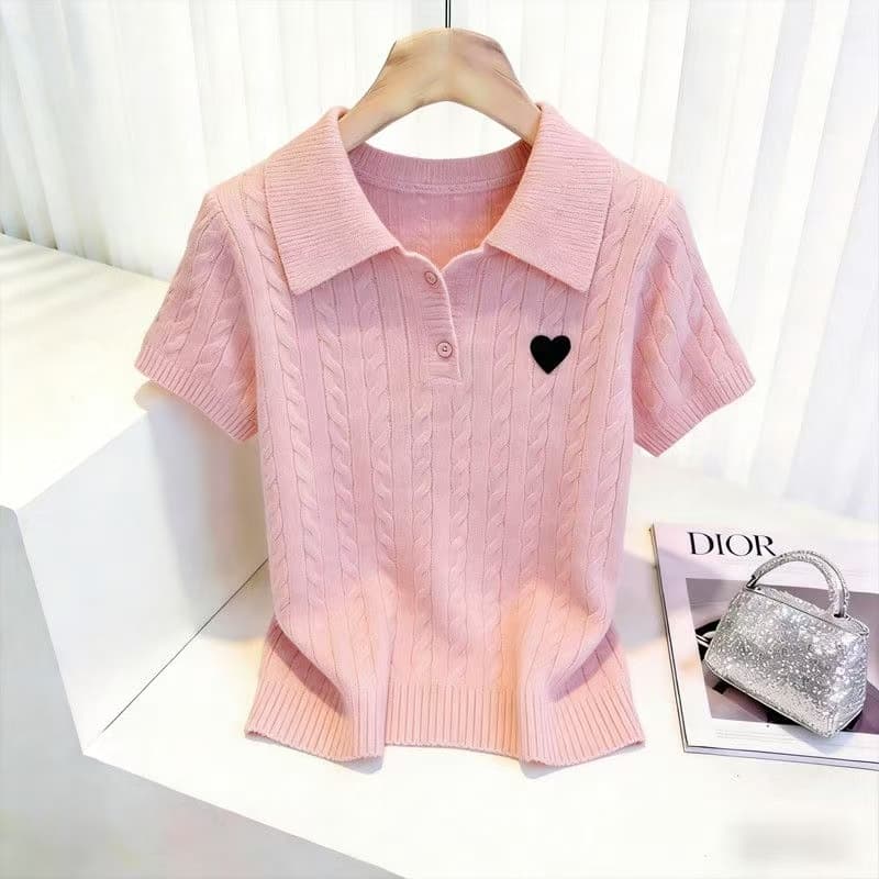 새로운 2026 여름 회색 POLO 칼라 마 무늬 반팔 니트 스웨터 하트 자수 맨위 여성 상세 이미지 3