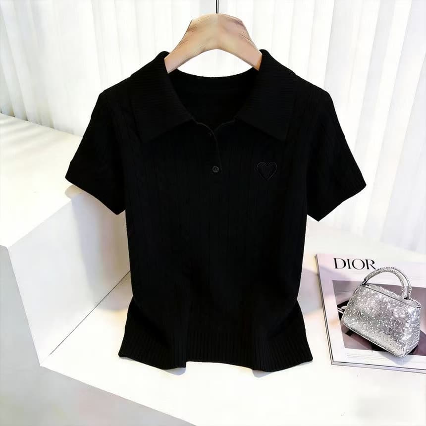 새로운 2026 여름 회색 POLO 칼라 마 무늬 반팔 니트 스웨터 하트 자수 맨위 여성 상세 이미지 5