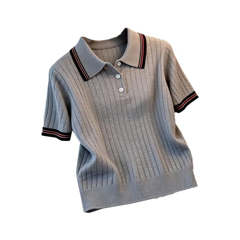 유럽 상품 POLO 칼라 스트라이프 긍정적 인 어깨 니트 반팔 티셔츠 여성 2026 여름 얇은 스타일 지방 mm 쇼트 스타일 동정 맨위 이미지 4