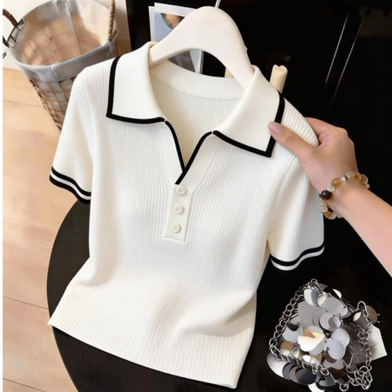 화이트 POLO 칼라 니트 반팔 여성 2026 새로운 여름 배색 구덩이 기사 슬림해 보이는 품격 다용도 쇼트 스타일 맨위 이미지 3