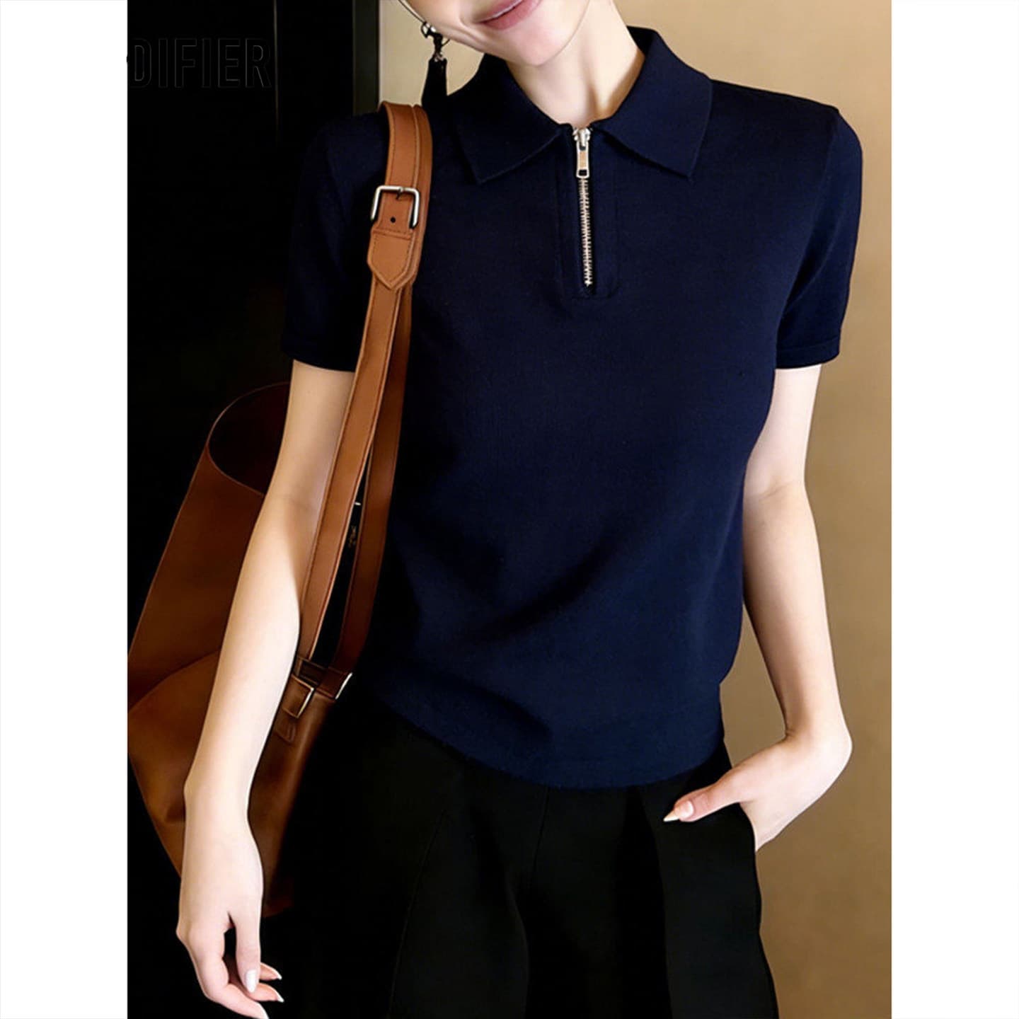 2026 년 여름 POLO 칼라 지퍼 반팔 루즈핏 패션 다용도 출퇴근 티셔츠 맨위 여성 상세 이미지 2