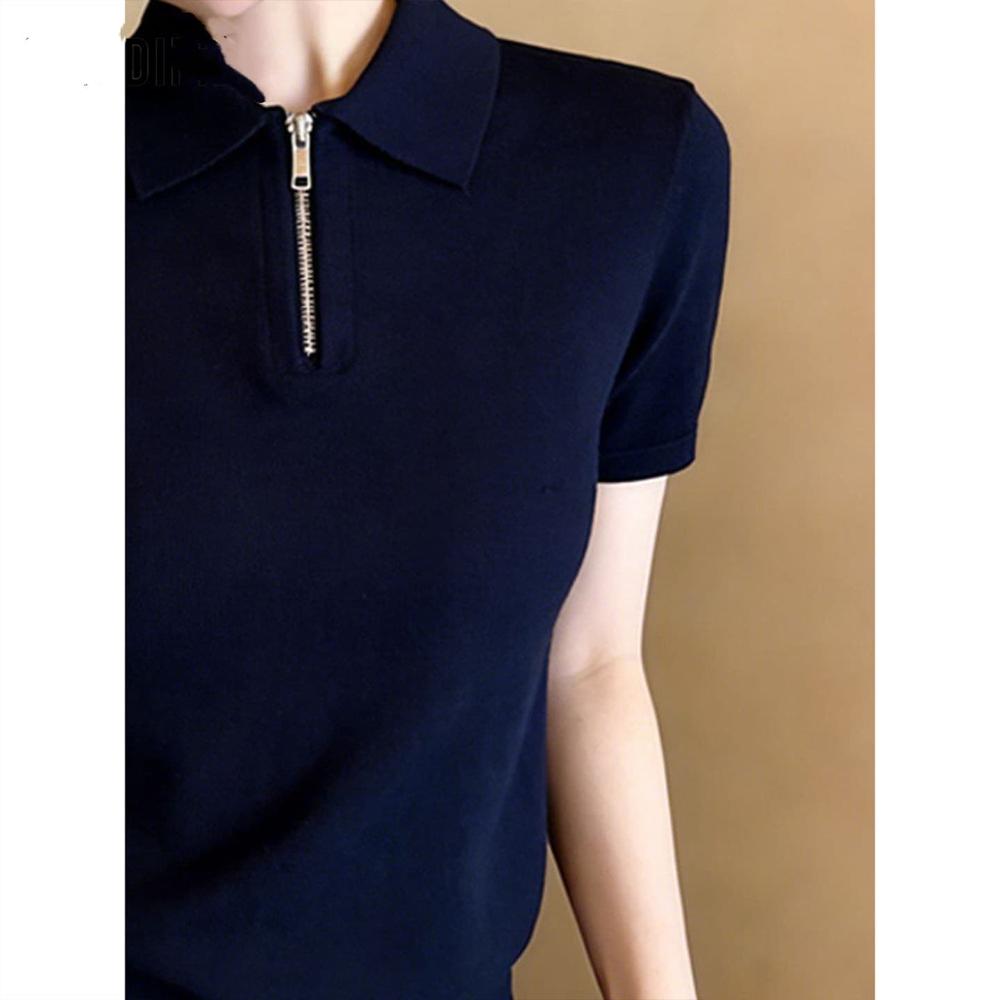 2026 년 여름 POLO 칼라 지퍼 반팔 루즈핏 패션 다용도 출퇴근 티셔츠 맨위 여성 이미지 3