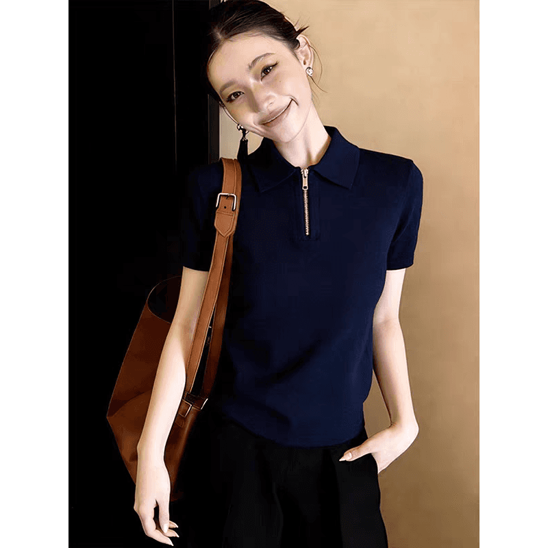 2026 년 여름 POLO 칼라 지퍼 반팔 루즈핏 패션 다용도 출퇴근 티셔츠 맨위 여성 이미지 5