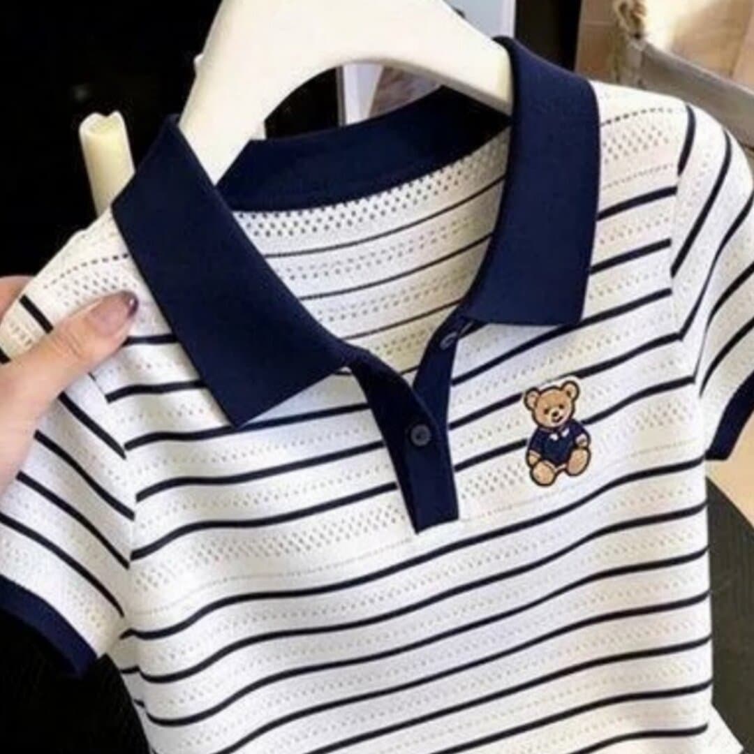 스트라이프 polo 배색 홀로우 아웃 작은 곰 자수 니트 작은 셔츠 봄 여름 연령 감소 품격 다용도 맨위 이미지 4