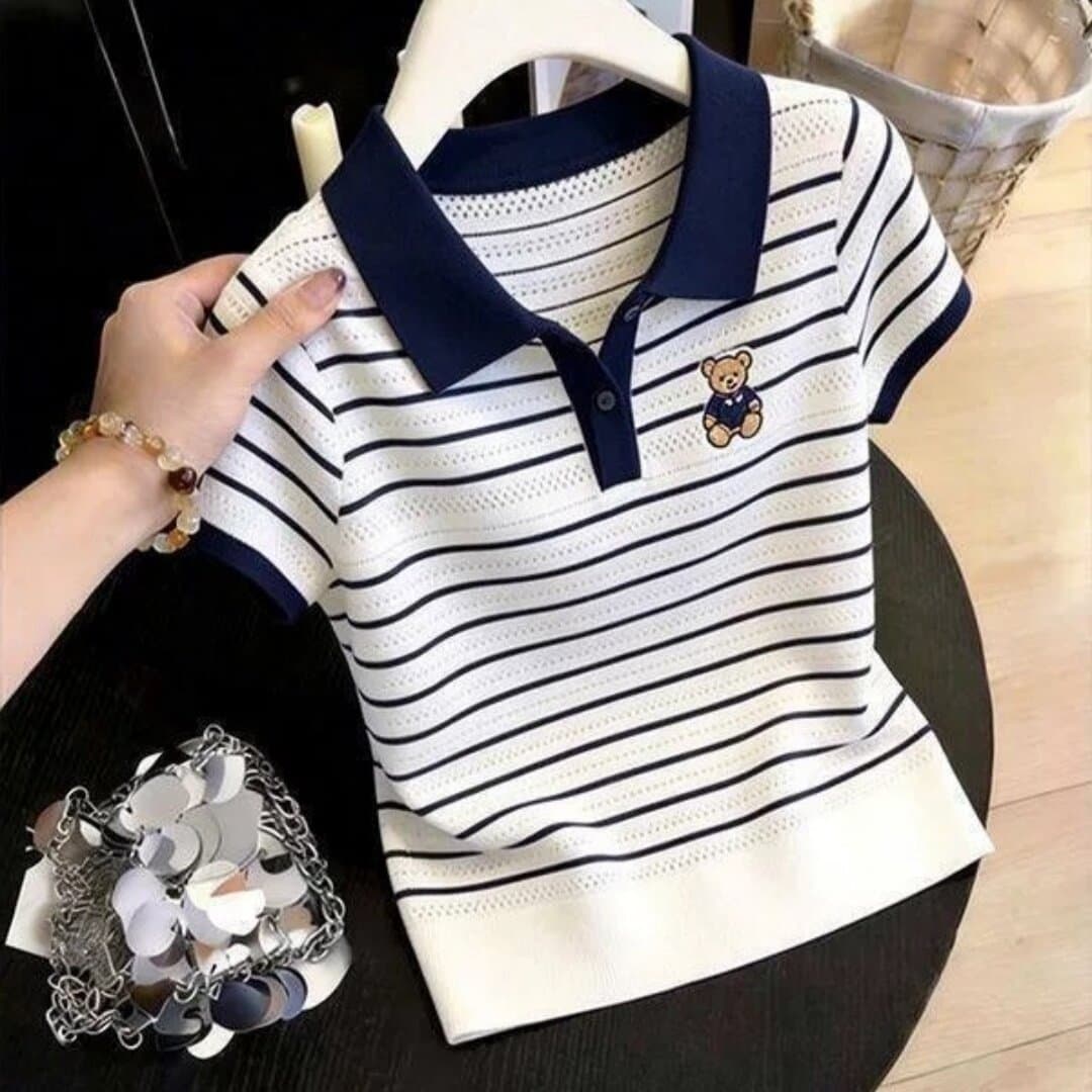스트라이프 polo 배색 홀로우 아웃 작은 곰 자수 니트 작은 셔츠 봄 여름 연령 감소 품격 다용도 맨위 이미지 5