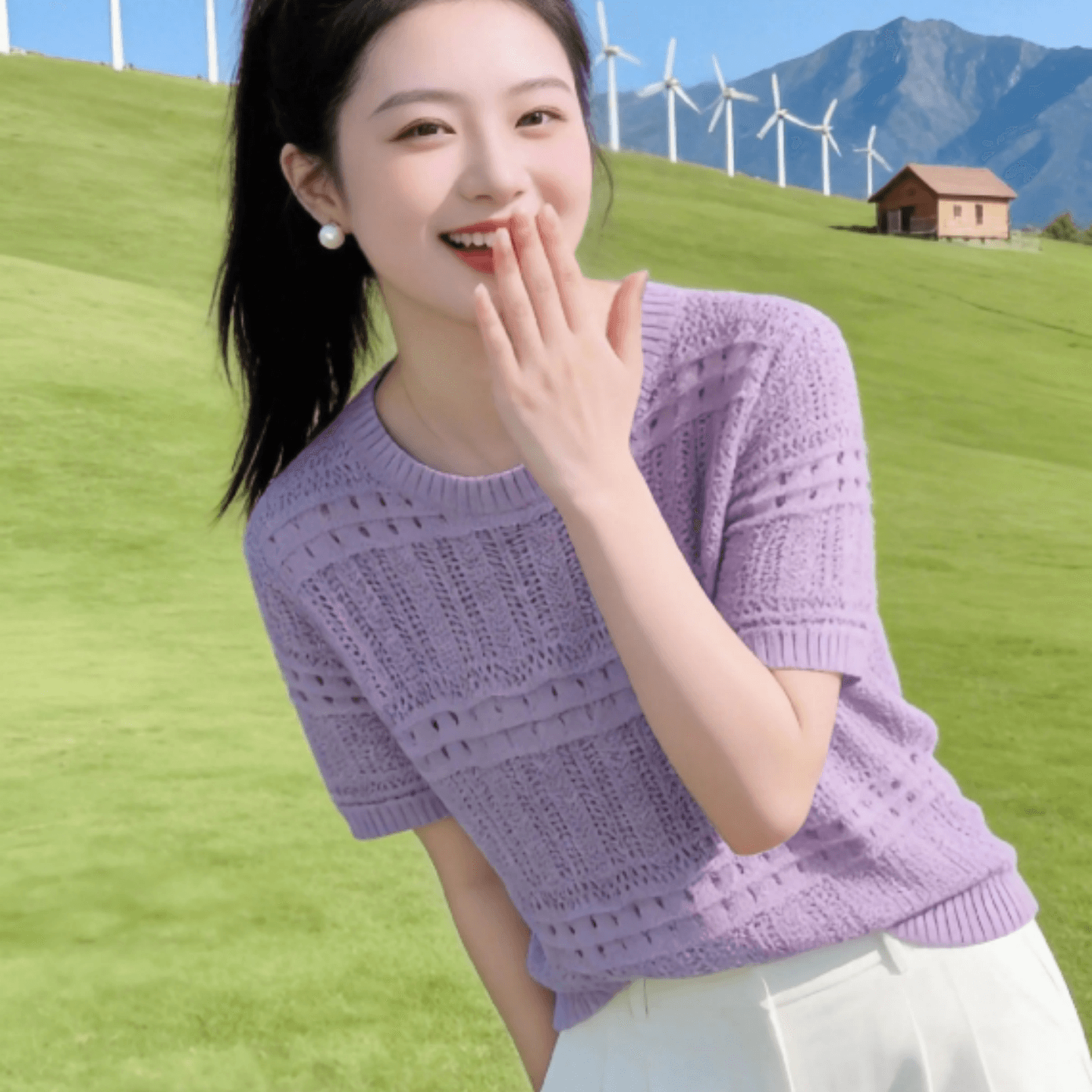 디자인 센스 홀로우 아웃 반팔 니트 티셔츠 여성 여름 새로운 외국 가스 세련된 아름다운 부드러운 바람 슬림해 보이는 폭발 맨위 상세 이미지 2
