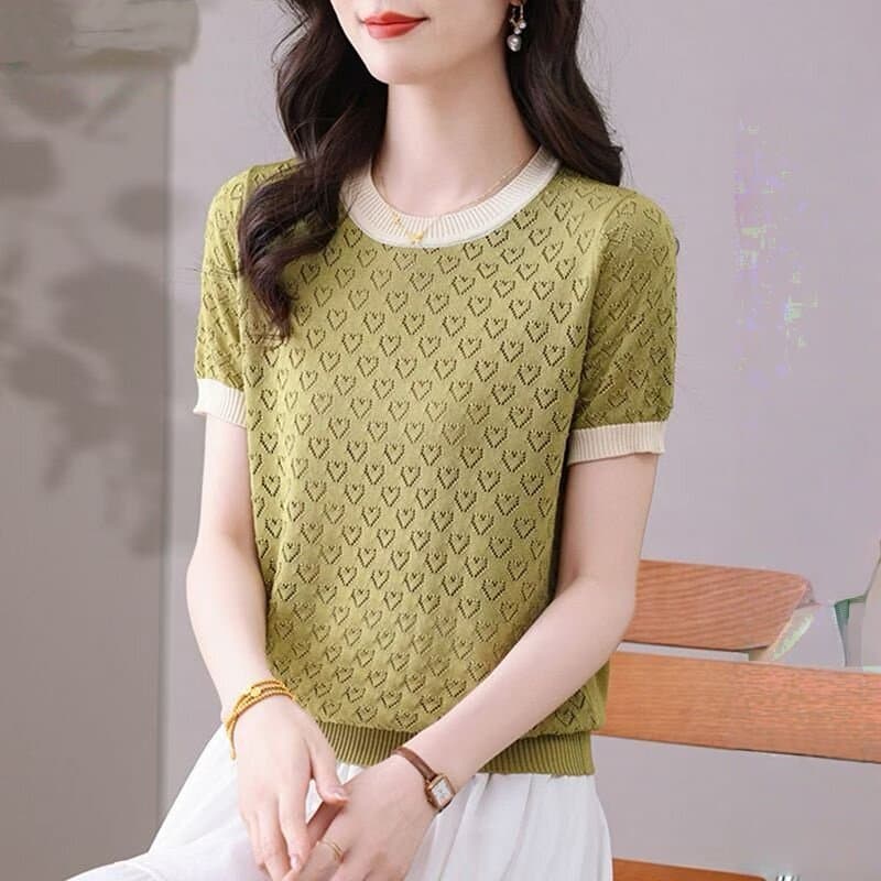 홀로우 아웃 얇은 스타일 패션 반팔 티셔츠 여성 라운드 넥 여름 새로운 맨위 다용도 슬림해 보이는 경기 치마 니트 스웨터 이미지 2