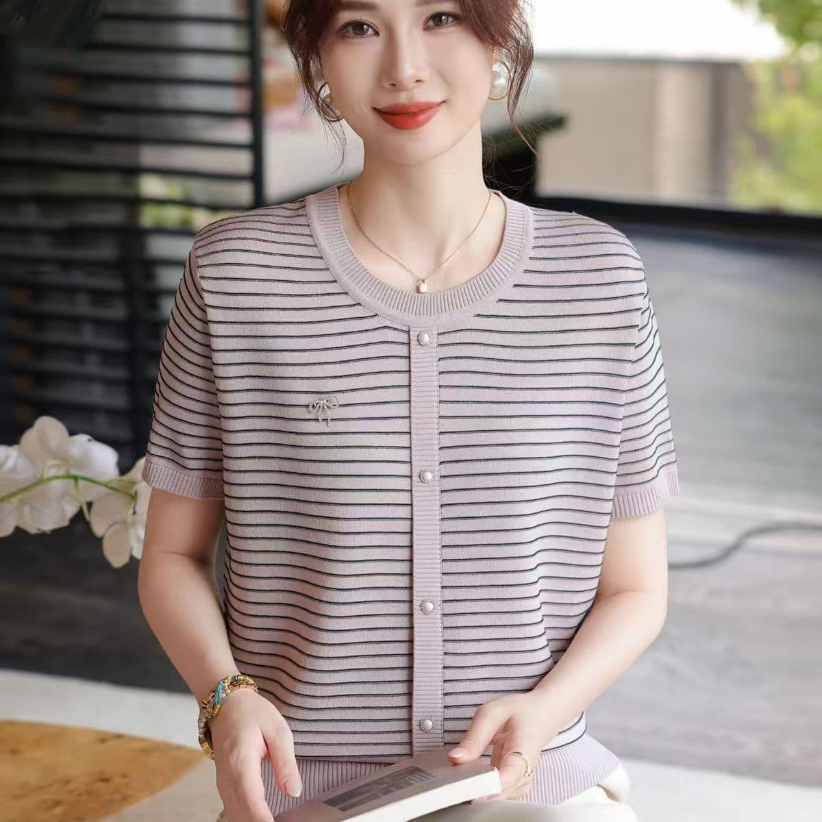 영 엄마 여름 드레스 섹션 반팔 티셔츠 2006 새로운 중년 여성 스트라이프 얼음 실크 니트 스웨터 상세 이미지 1