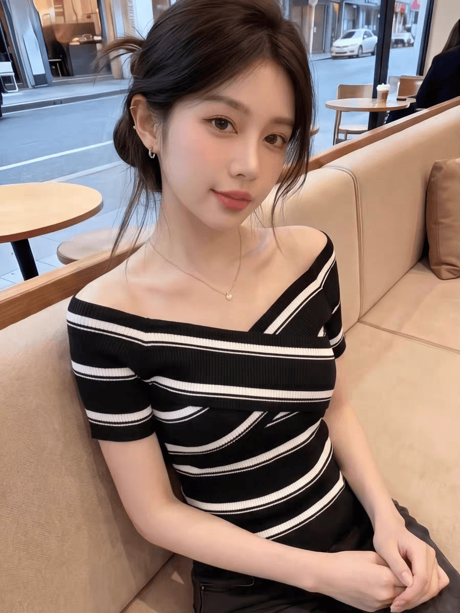 한국 스타일 패션 Chic 스트라이프 배색 니트 스웨터 티셔츠 여성 여름 새로운 V넥 몸매 가꾸기 품격 핫걸 바람 맨위 상세 이미지 10