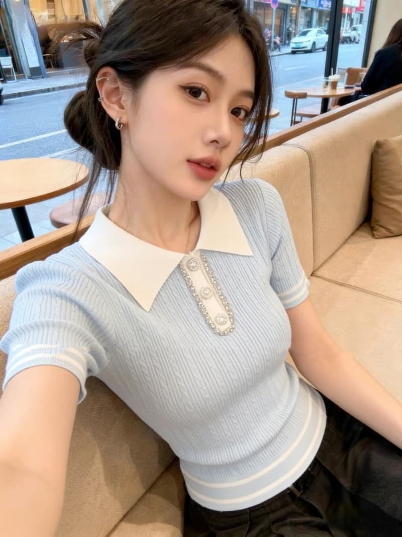 아름다움 라드. 달콤함 무거운 작업 다이아몬드 세팅 반팔 니트 스웨터 여성 2026 여름 몸매 가꾸기 연령 감소 맨위 이미지 2
