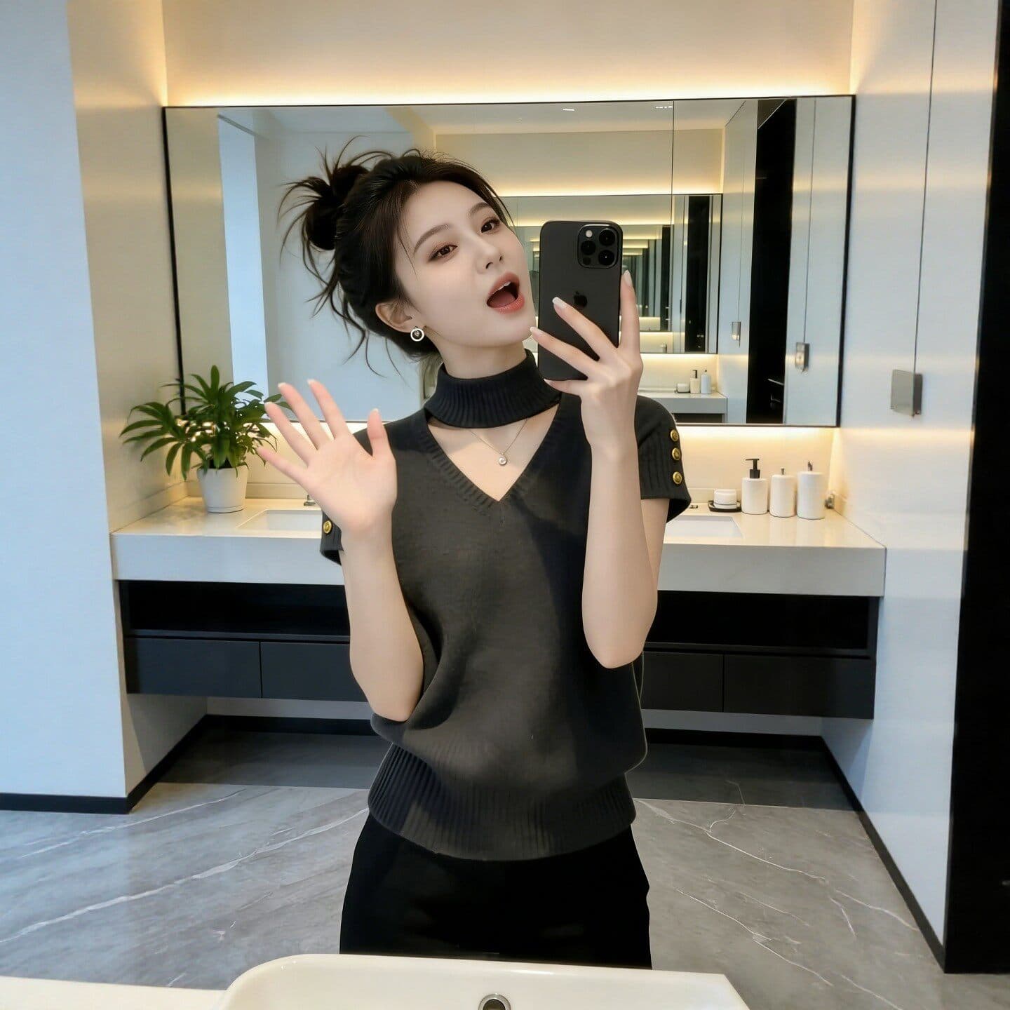 회색 행침 목 V넥 몸매 가꾸기 니트 반팔 티셔츠 여성 2026 여름 고급 센스 고유 한 아름다운 슈퍼 화재로 의류 이미지 2