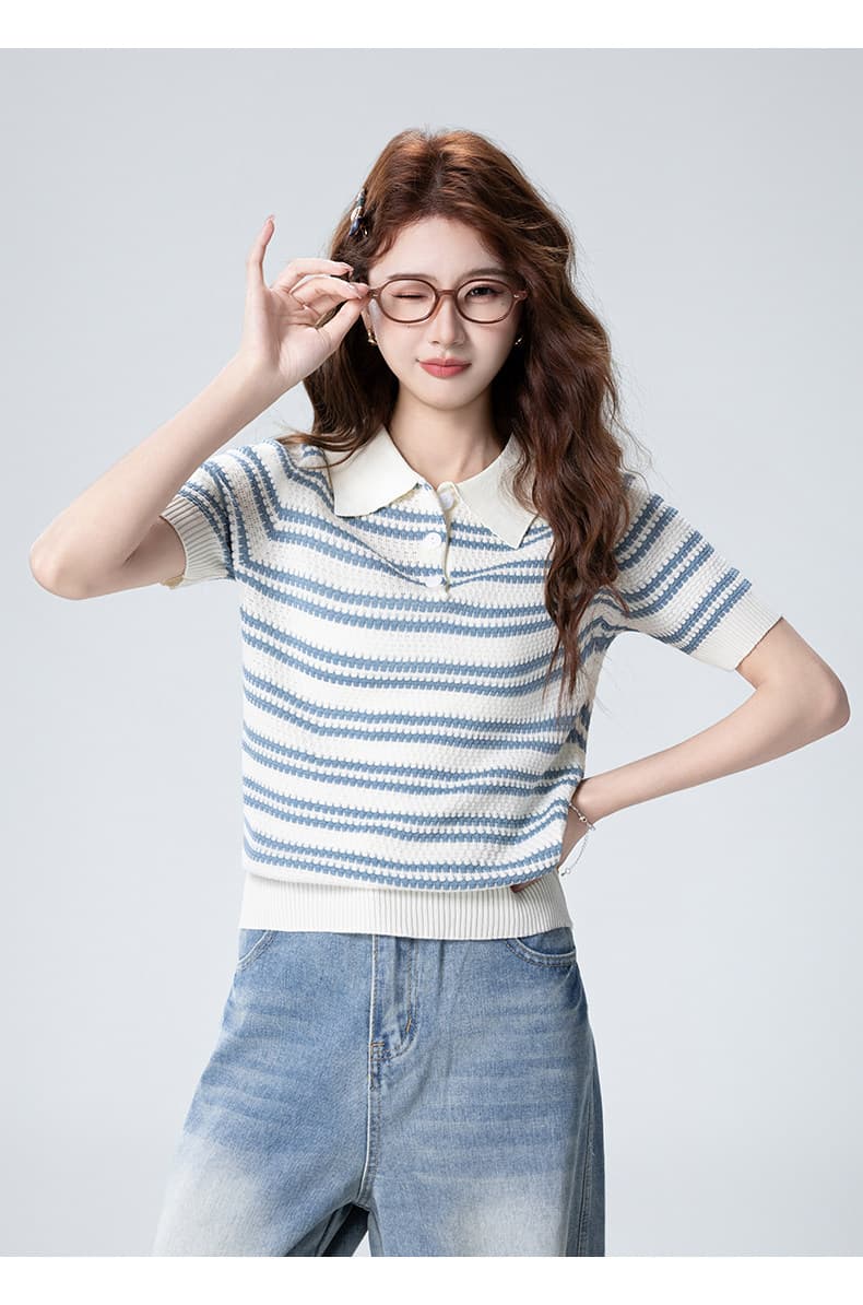 POLO 칼라 파란색 스트라이프 반팔 티셔츠 여성 여름 루즈핏 쇼트 스타일 폴로 칼라 긍정적 인 어깨 반소매 얇은 니트 스웨터 맨위 상세 이미지 4