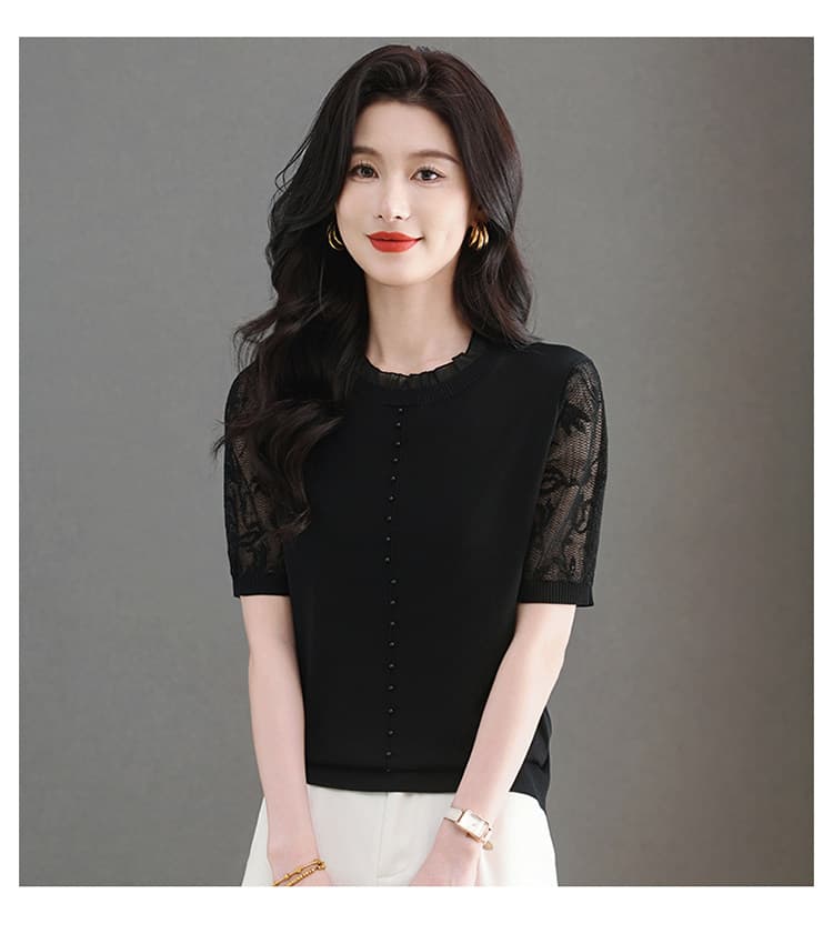 얼음 실크 반팔 티셔츠 여성 여름 2026 새로운 뽕나무 누에 실크 레이스 홀로우 아웃 니트 스웨터 고급 브랜드 맨위 상세 이미지 8