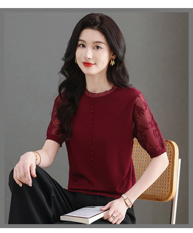 얼음 실크 반팔 티셔츠 여성 여름 2026 새로운 뽕나무 누에 실크 레이스 홀로우 아웃 니트 스웨터 고급 브랜드 맨위 상세 이미지 11