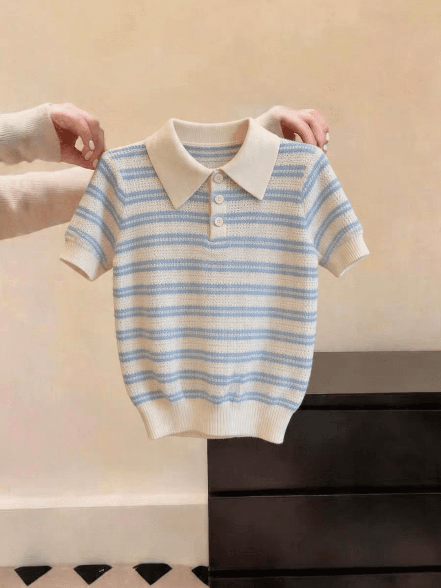 POLO 칼라 파란색 스트라이프 반팔 티셔츠 여성 여름 루즈핏 쇼트 스타일 폴로 칼라 긍정적 인 어깨 반소매 얇은 니트 스웨터 맨위 상세 이미지 13