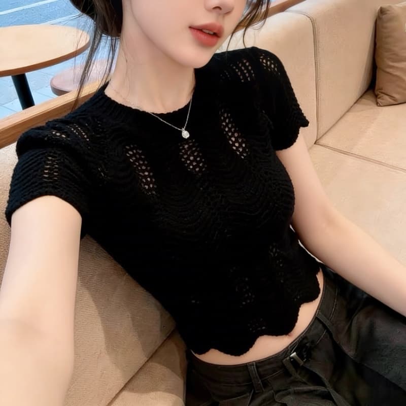 홀로우 아웃 물결무늬 레이스 반팔 니트 스웨터 여성 여름 새로운 몸매 가꾸기 슬림해 보이는 고유 한 맨위 상세 이미지 3