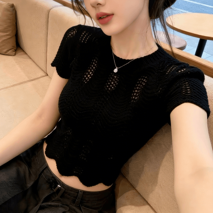 홀로우 아웃 물결무늬 레이스 반팔 니트 스웨터 여성 여름 새로운 몸매 가꾸기 슬림해 보이는 고유 한 맨위 상세 이미지 5