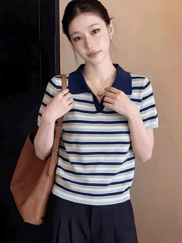 2026 여름 새로운 배색 스트라이프 POLO 칼라 반팔 티셔츠 여자 루즈핏 슬림해 보이는 다용도 레트로 스타일 맨위 이미지 3