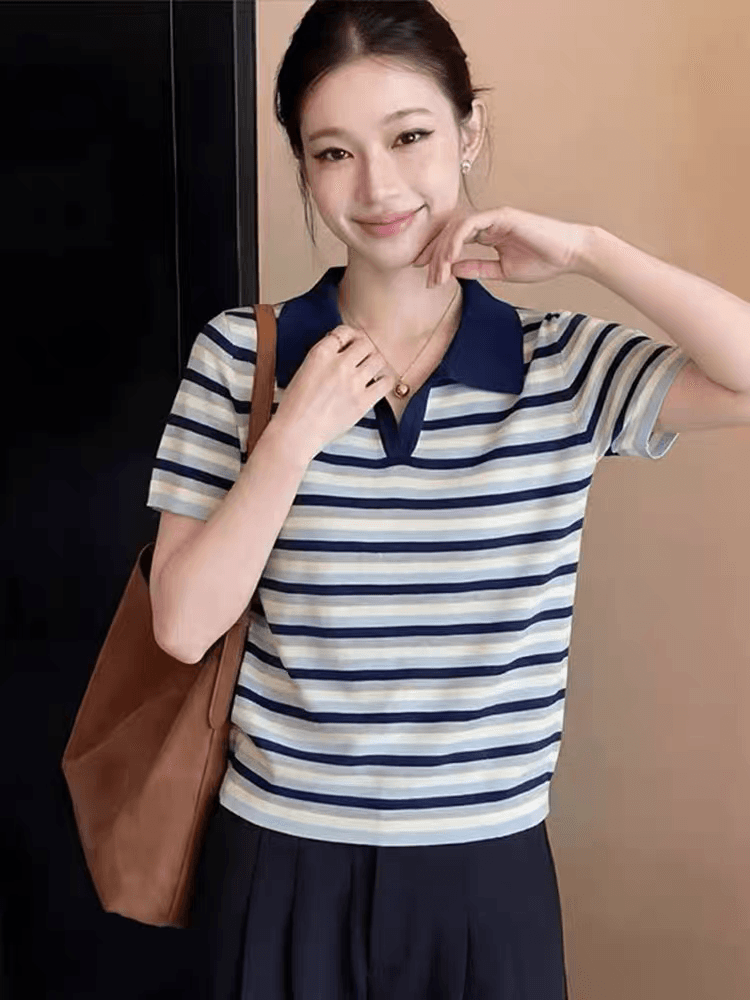 2026 여름 새로운 배색 스트라이프 POLO 칼라 반팔 티셔츠 여자 루즈핏 슬림해 보이는 다용도 레트로 스타일 맨위 이미지 4