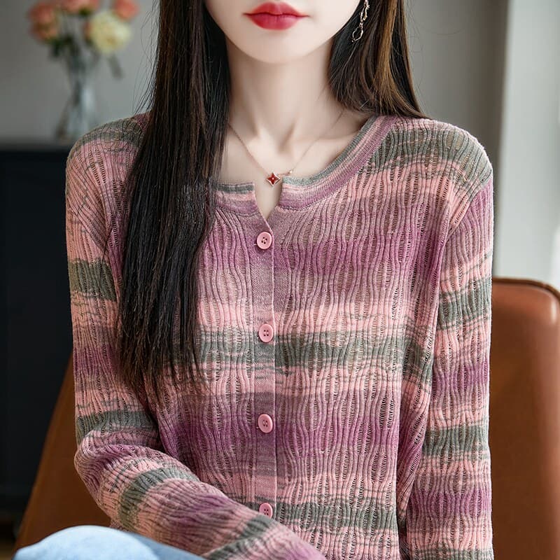 2026 여름 새로운 무지개 스트라이프 홀로우 아웃 니트 오픈 가디건 얇은 코트 자외선 차단 의류 여성 여름 새로운 디자인 센스 상세 이미지 7