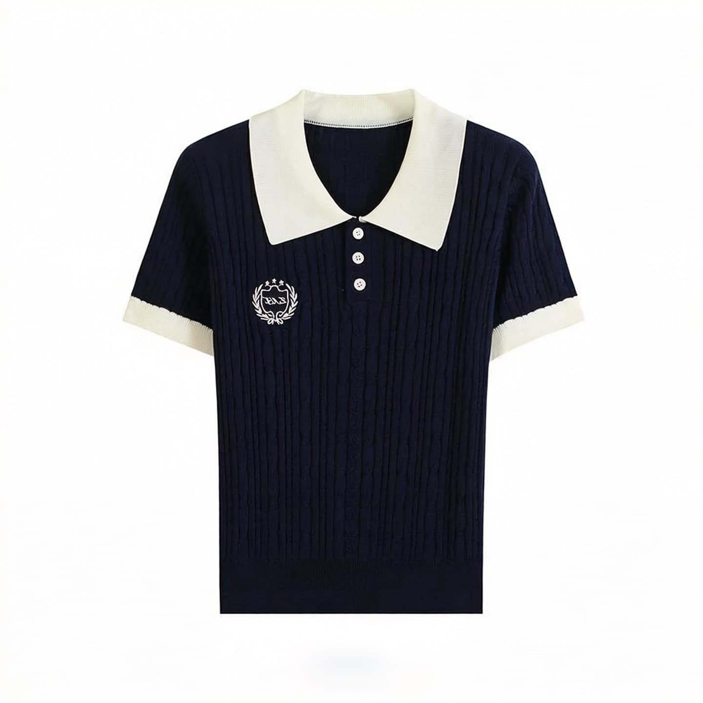 한 부서 배색 POLO 칼라 반팔 니트 스웨터 여성 의류 2026 여름 새로운 꽈배기 자수 몸매 가꾸기 화이트 맨위 상세 이미지 2