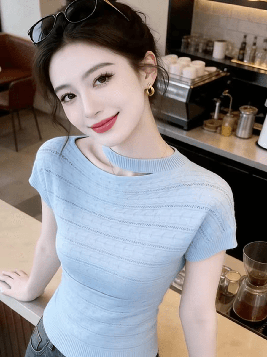 2026 여름 한국 스타일 파란색 홀로우 아웃 얼음 실크 니트 반팔 티셔츠 품격 슬림해 보이는 맨위 이미지 4