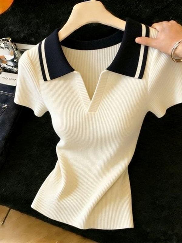 새로운 2026 여름 한 부서 배색 POLO 칼라 얼음 실크 니트 반팔 몸매 가꾸기 슬림해 보이는 맨위 여성 상세 이미지 7