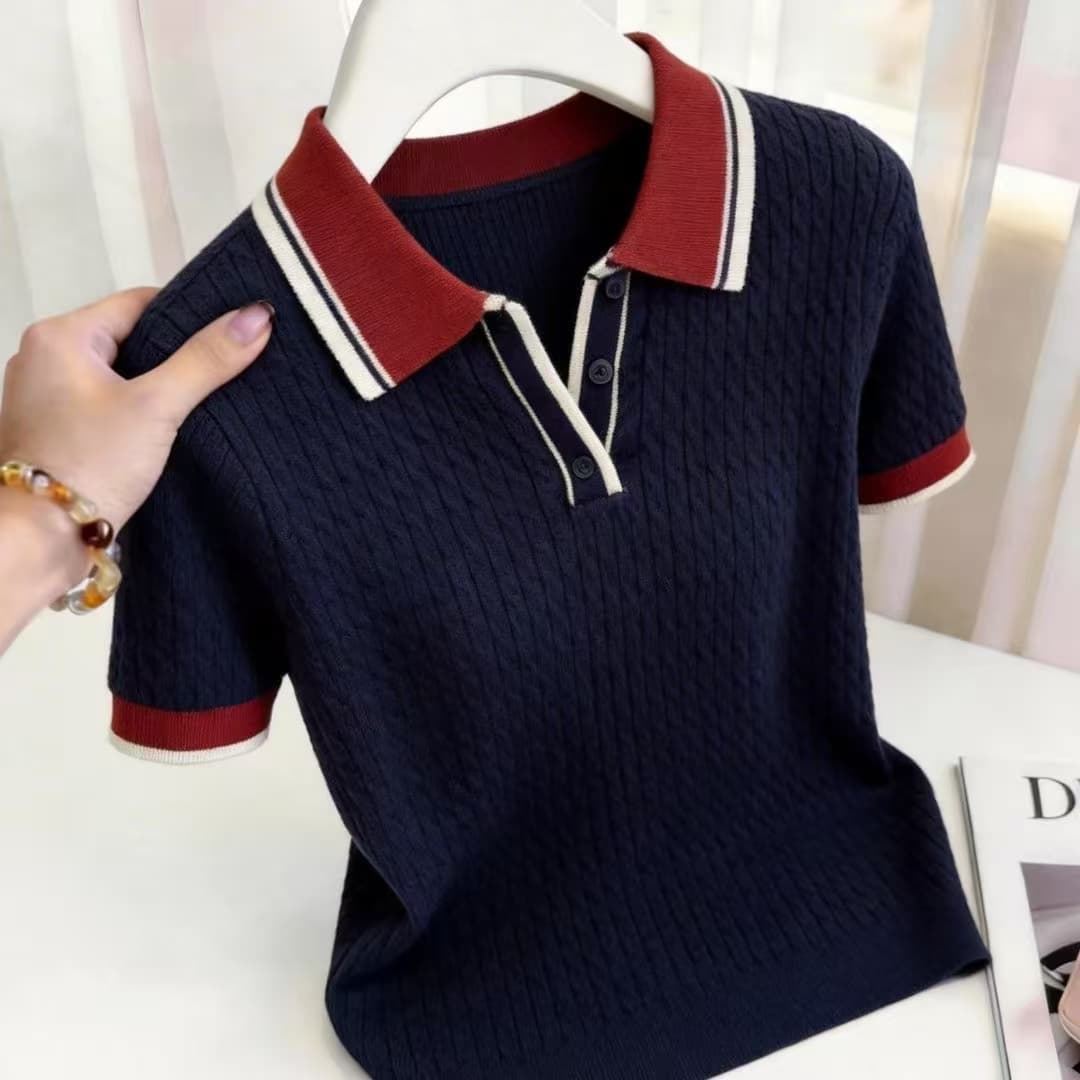 블루 색상 POLO 칼라 긍정적 인 어깨 반팔 티셔츠 여성 2026 새로운 여름 빅 사이즈 지방 mm 슬림해 보이는 얼음 실크 얇은 스타일 맨위 상세 이미지 4