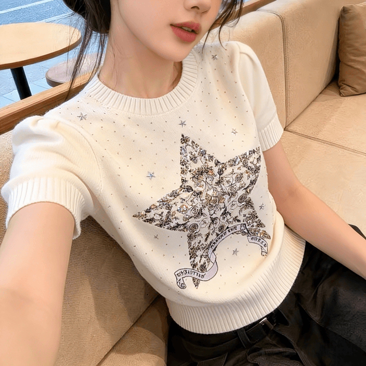 작은 샤넬 스타일 오각형 별 자수 반팔 티셔츠 여성 봄 새로운 명문 여성 품격 니트 맨위 상세 이미지 3