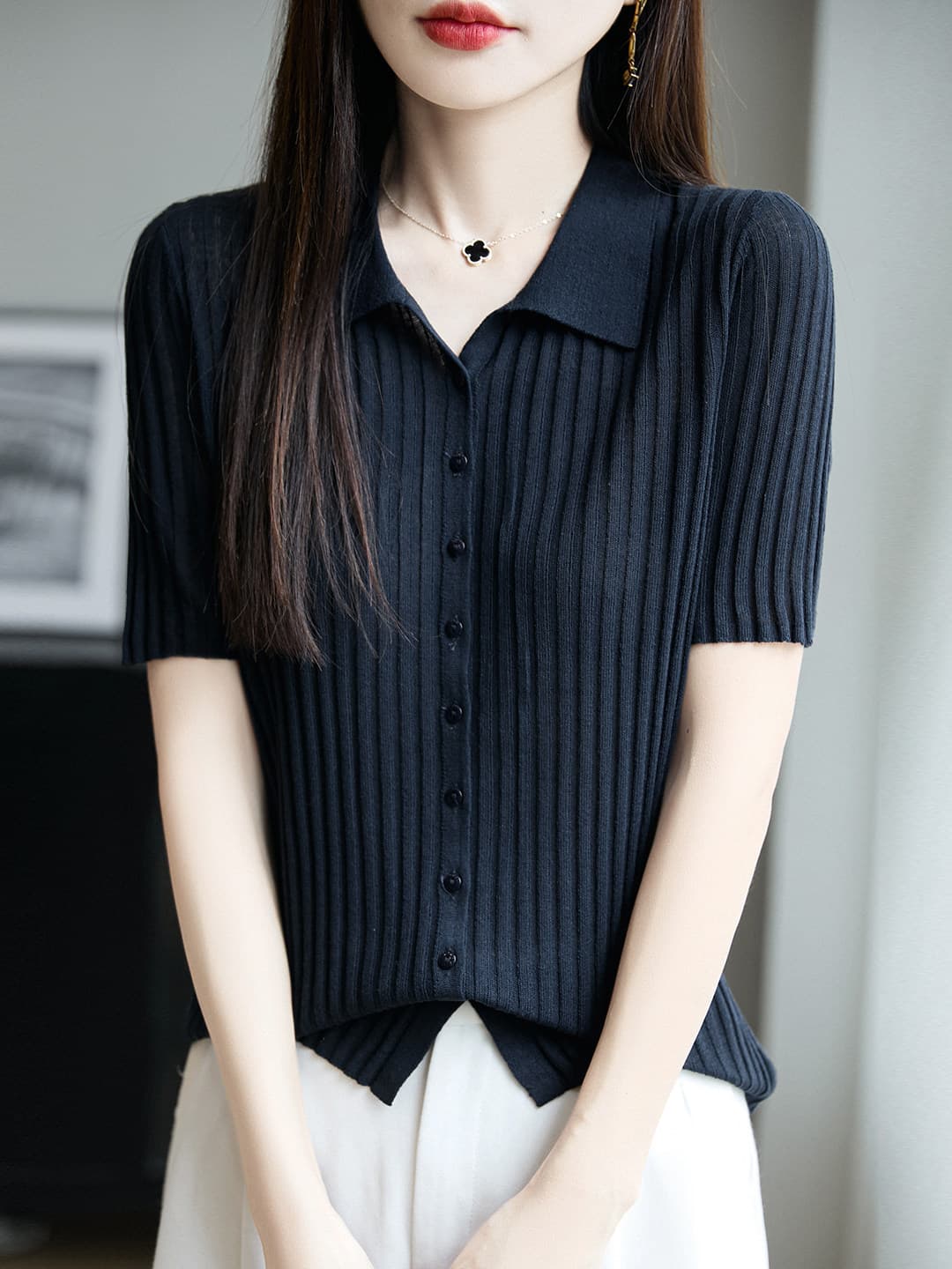 2026 여름 새로운 폴로 칼라 주간 실크 아마 오픈 가디건 외부 가져 가라. 얇은 스타일 구덩이 기사 반팔 니트 오픈 가디건 여성 셔츠 상세 이미지 5