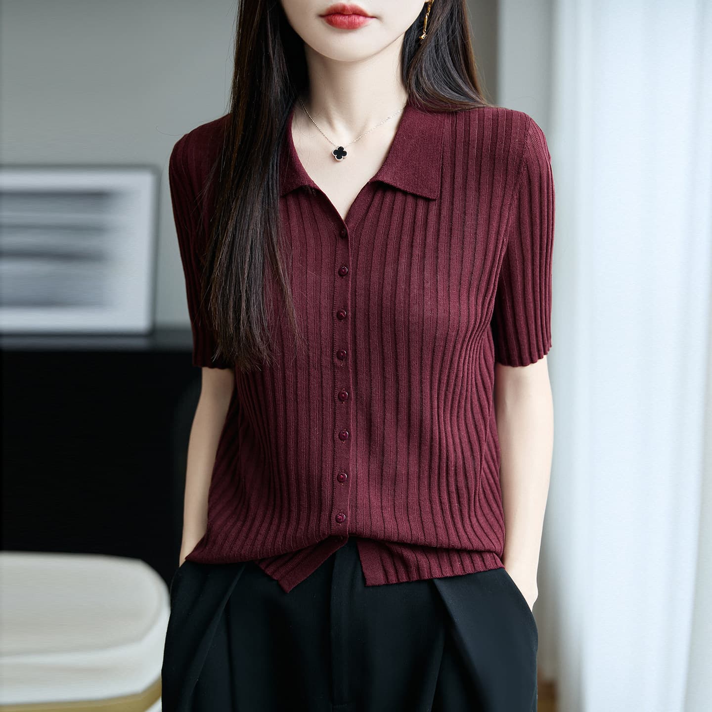 2026 여름 새로운 폴로 칼라 주간 실크 아마 오픈 가디건 외부 가져 가라. 얇은 스타일 구덩이 기사 반팔 니트 오픈 가디건 여성 셔츠 상세 이미지 9